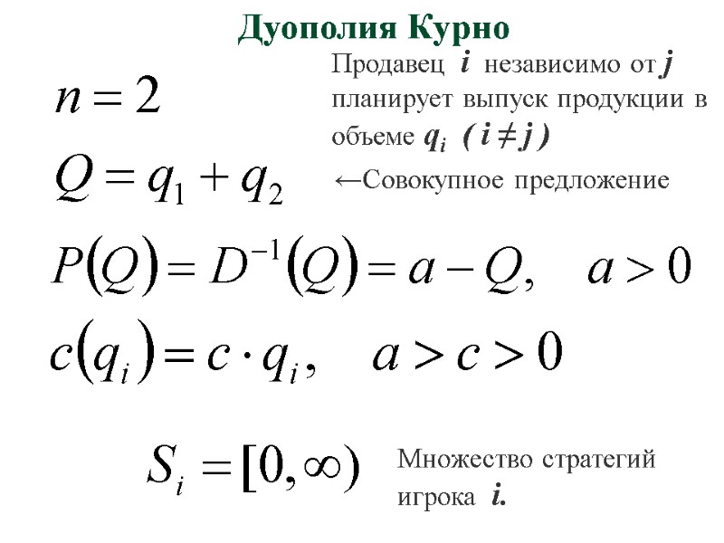 Дуополия Курно Продавец  i  независимо от j  планирует выпуск продукции в
